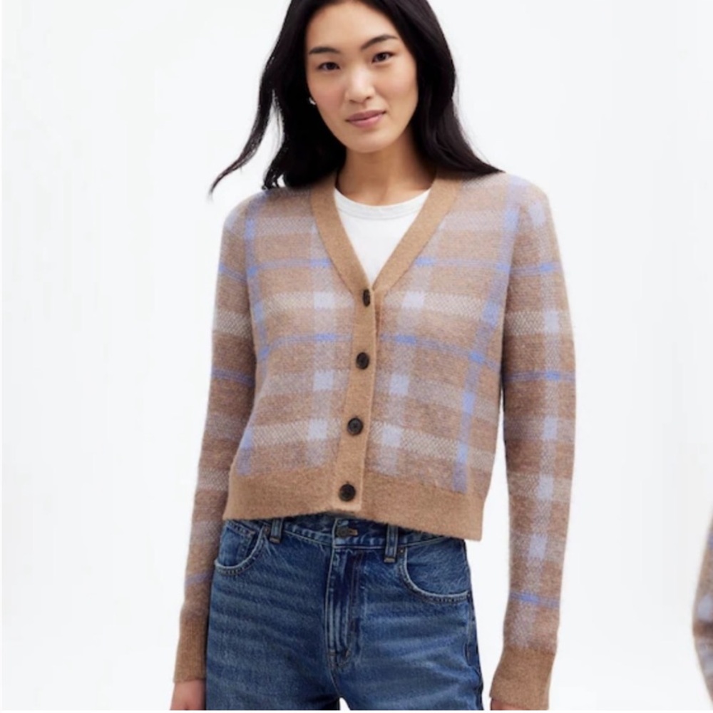 Madewell Plaid V-Neck Button Cardigan — Tan & Light Blue